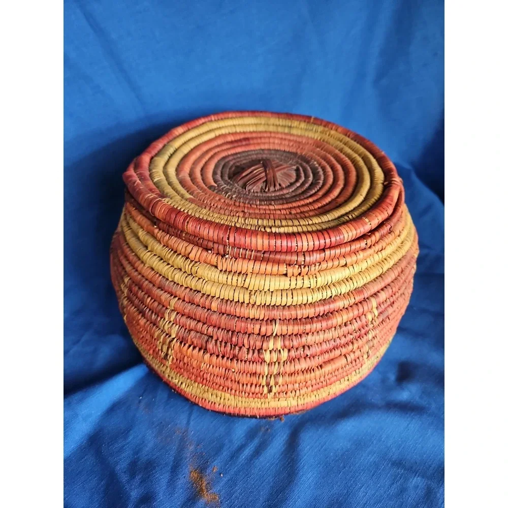Handwoven Coiled Basket Lidded Storage Rustic Primitive Leather Polychrome 10
